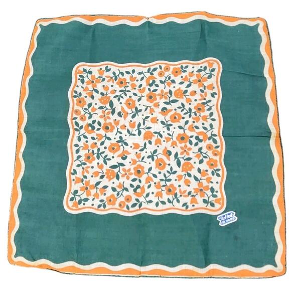 VTG HANKIE GREEN ORANGE BOLD PRINT FLORAL HAND ROLLED EDGE RETRO FUNKY BRIGHT - Picture 1 of 5